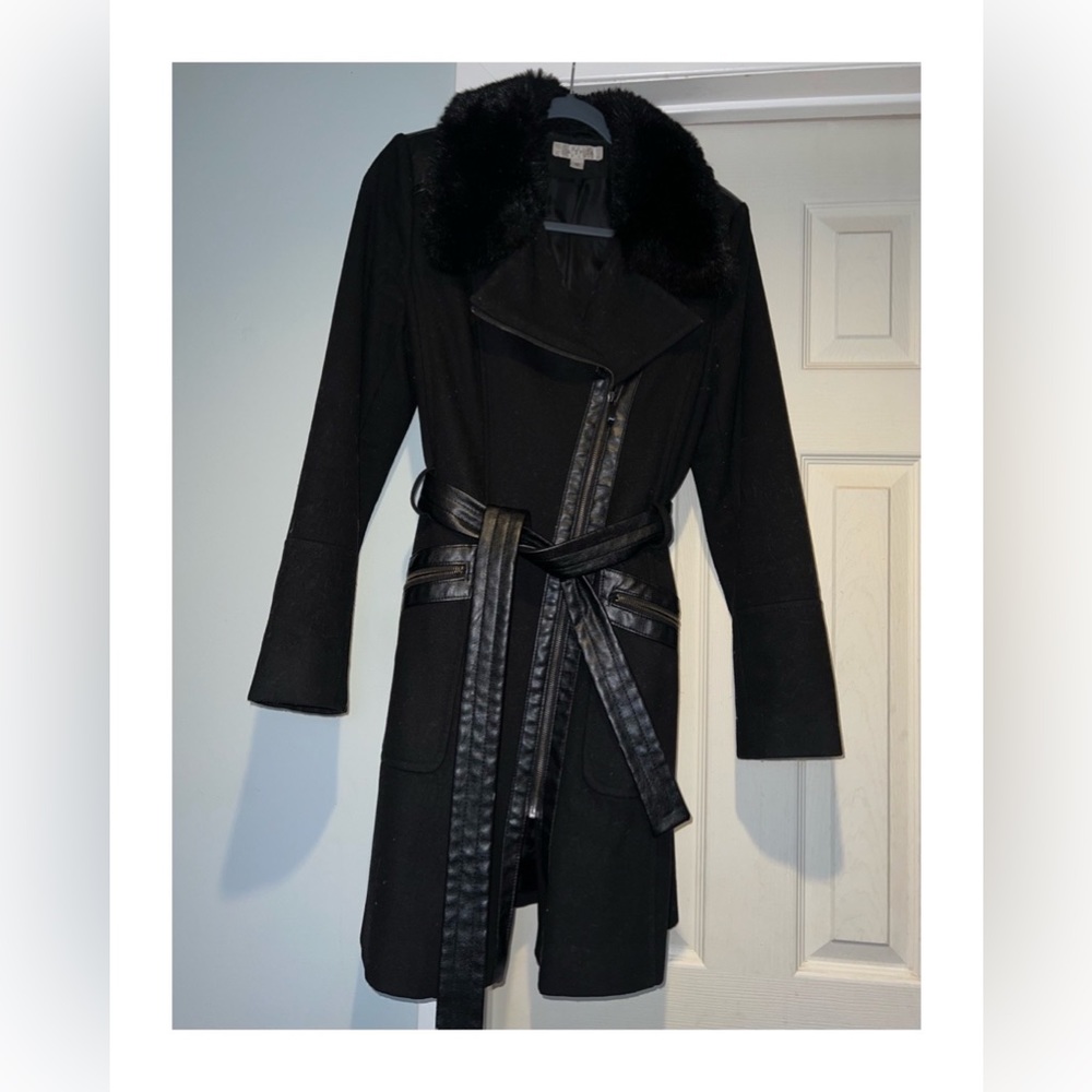 Faux-Fur-Collar Wrap Coat with Leather Trim